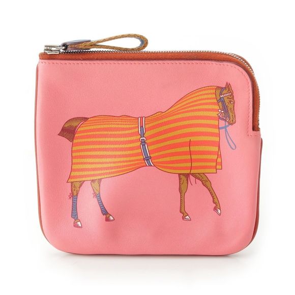 Hermes Carré Pocket Vorsoft Leather Horse Horse Striped Pouch Small Bag Pink - Picture 1 of 10
